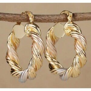 14k Gold Plated Tri-Color Metals Twisted Hoop Earrings